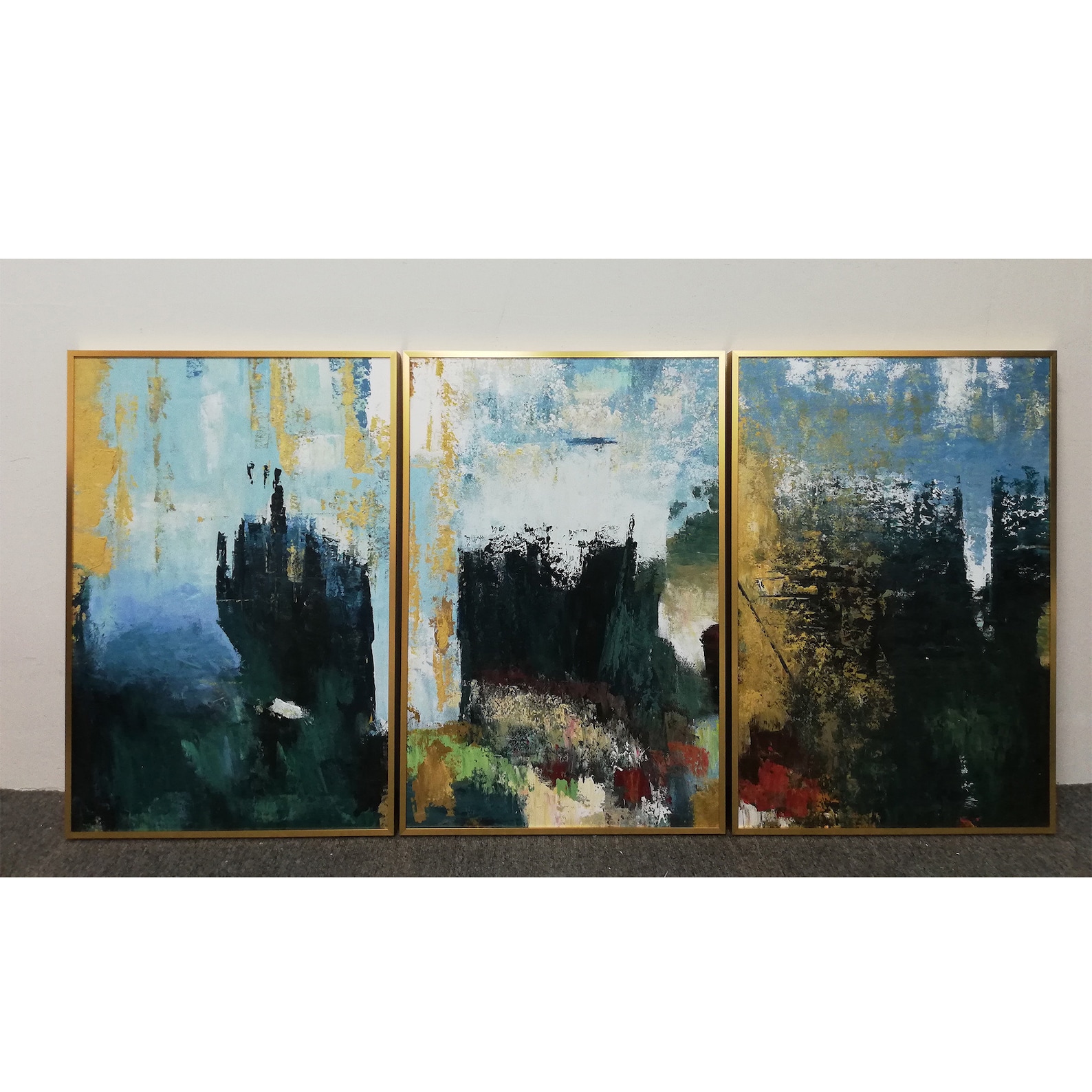 Framed painting Set of 3 wall art Gold art mountain abstract Etsy