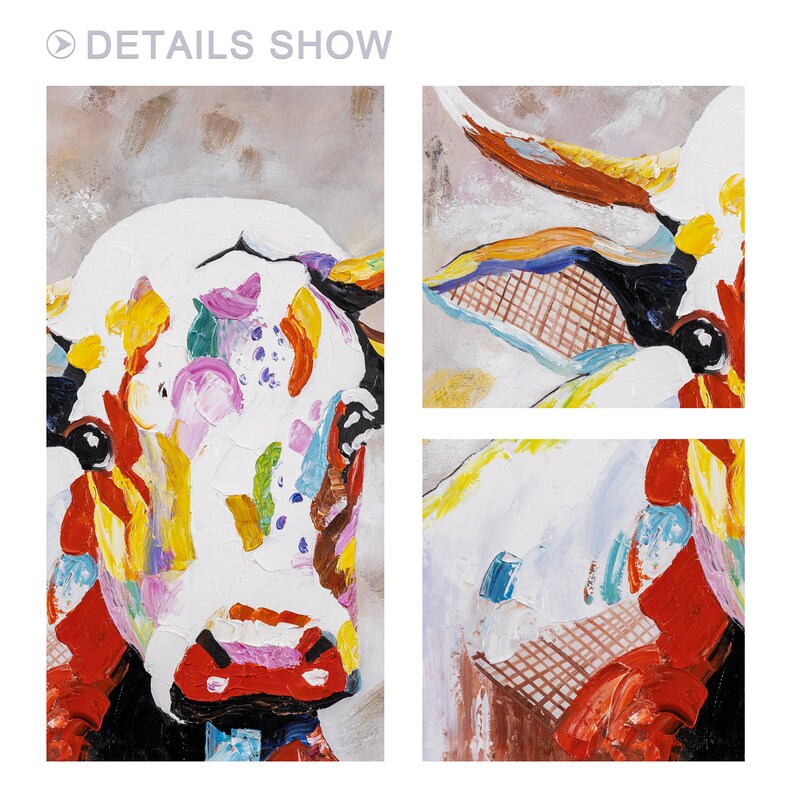 May include: A colorful abstract painting of a cow's head. The cow is white with splashes of yellow, red, blue, green, and purple paint. The painting is done in a thick, textured style.
