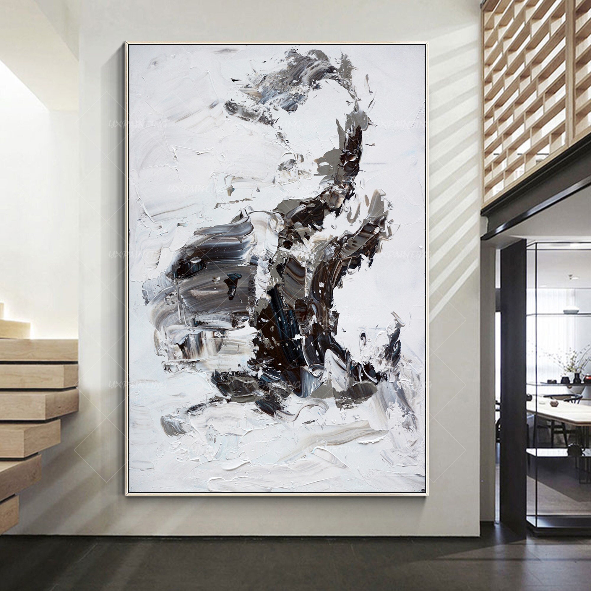 オリジナルの白黒抽象画：テクスチャのあるミニマリストの壁アート