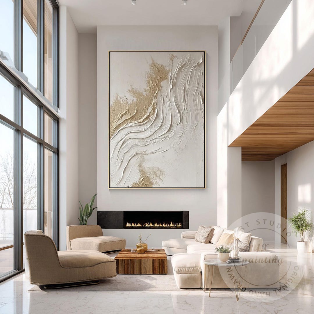 Textured Abstract Wall Art Canvas, Neutral Beige White Painting, Large ...