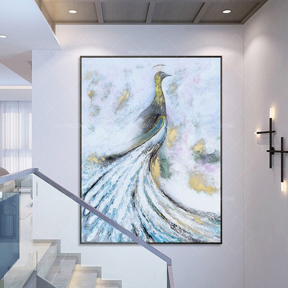 孔雀の金の装飾画抽象現代アート動物アクリル画額入り壁アート 