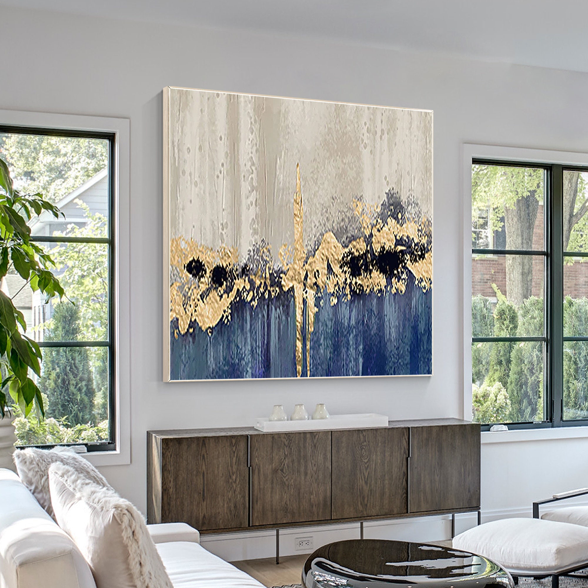 Blue Gold Foil Abstract Painting: Textured Square Canvas Wall Art - Etsy