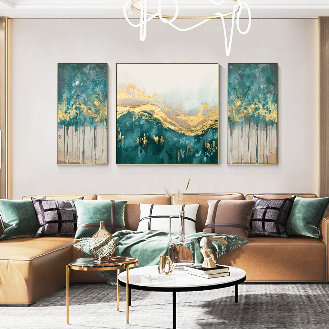 Set of 3 Abstract Green & Gold Leaf Oil Painting Canvas - Metal Framed ...