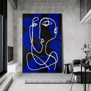 hand-painted Blue minimalist Picasso line painting on canvas. Extra-large wall decor, original one-line design