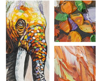 カラフルな象の絵画：キャンバスに描かれたオリジナルのテクスチャ