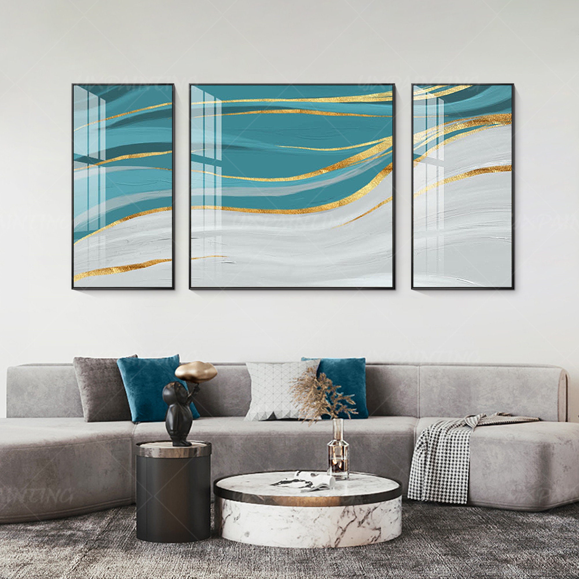 Gold Art Abstract Blue Print Set of 3 Wall Art Print on Canvas Etsy