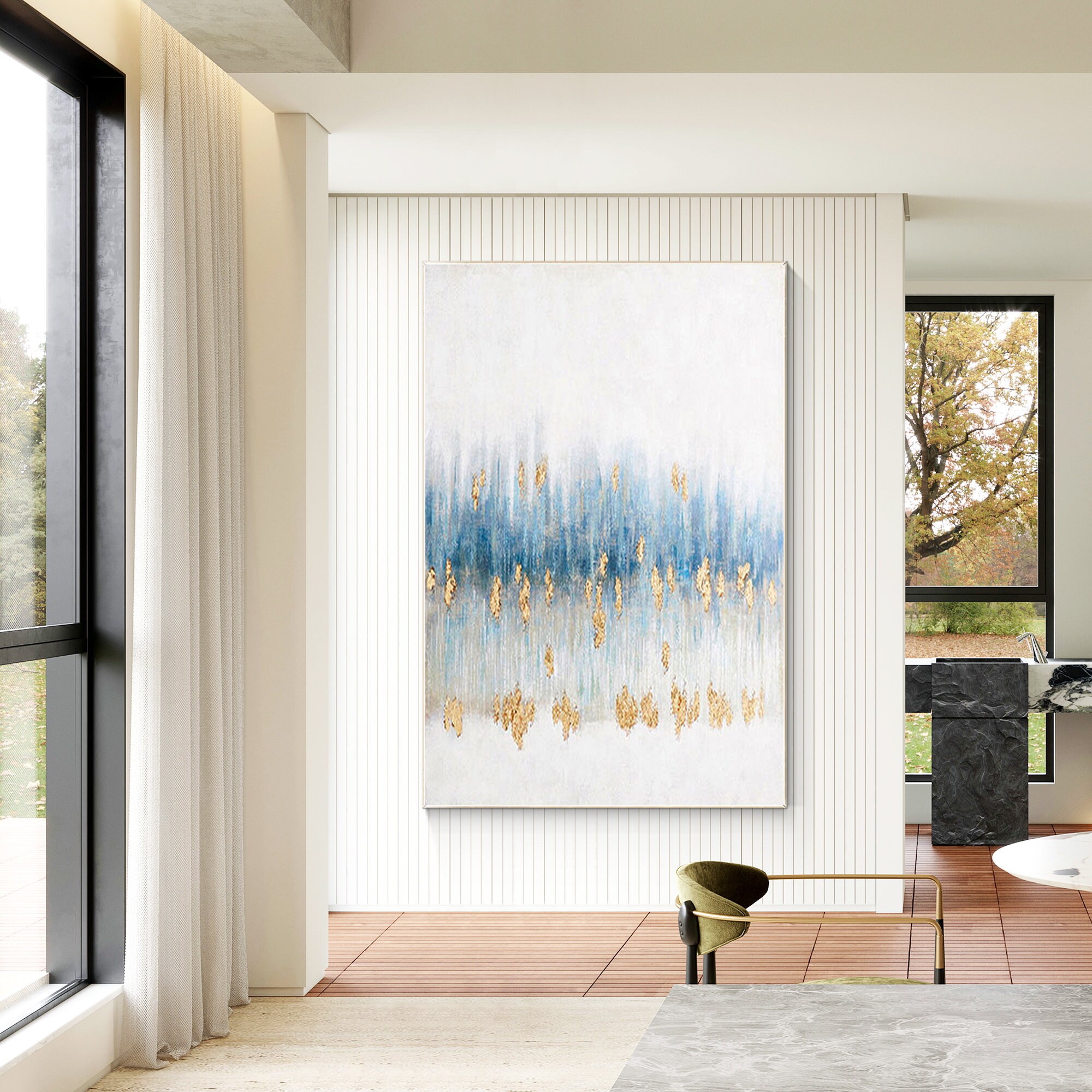 Gold Foil Blue Abstract Painting on Canvas, Extra Large Wall Art Living ...