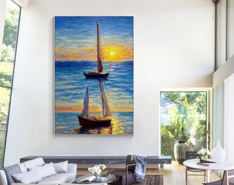 Original Sailboat Painting: Gold & Blue Seascape, Framed Canvas Wall Art