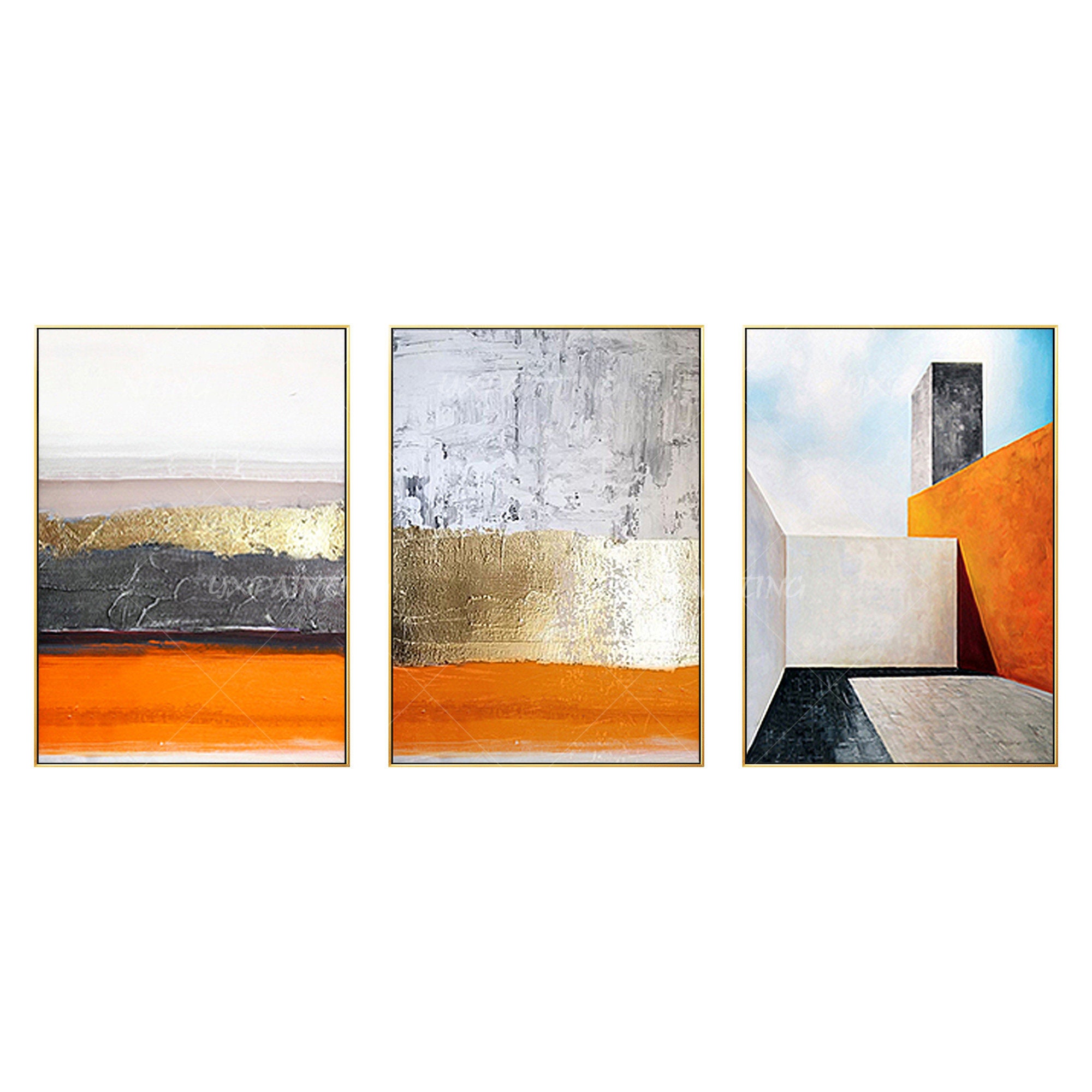3 Pieces Abstract Painting Gold Leaf Geometric Art Acrylic Paintings on ...