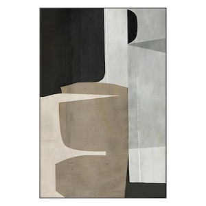 May include: Abstract art print featuring geometric shapes in shades of black, white, and brown. The print has a textured, layered look, giving it a modern and contemporary feel.