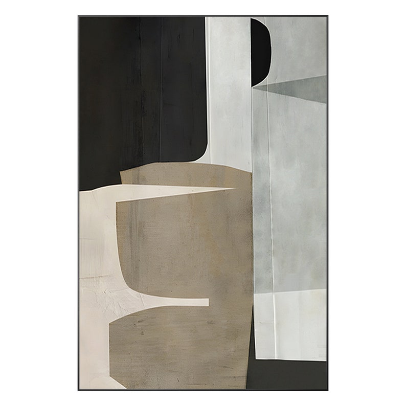 May include: Abstract art print featuring geometric shapes in shades of black, white, and brown. The print has a textured, layered look, giving it a modern and contemporary feel.