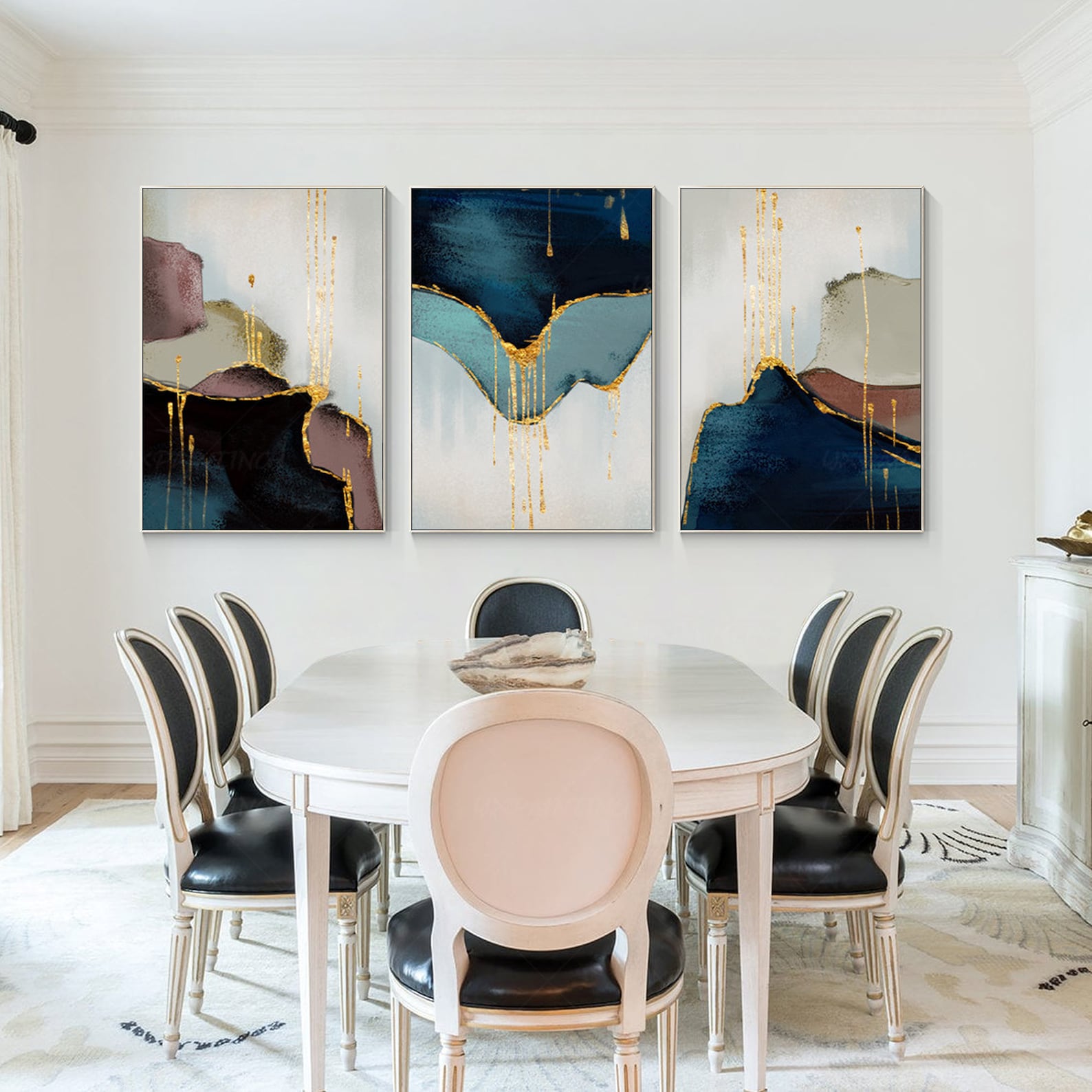 Set of 3 Pieces, Framed Wall Art, Abstract Painting, Gold Leaf Blue ...