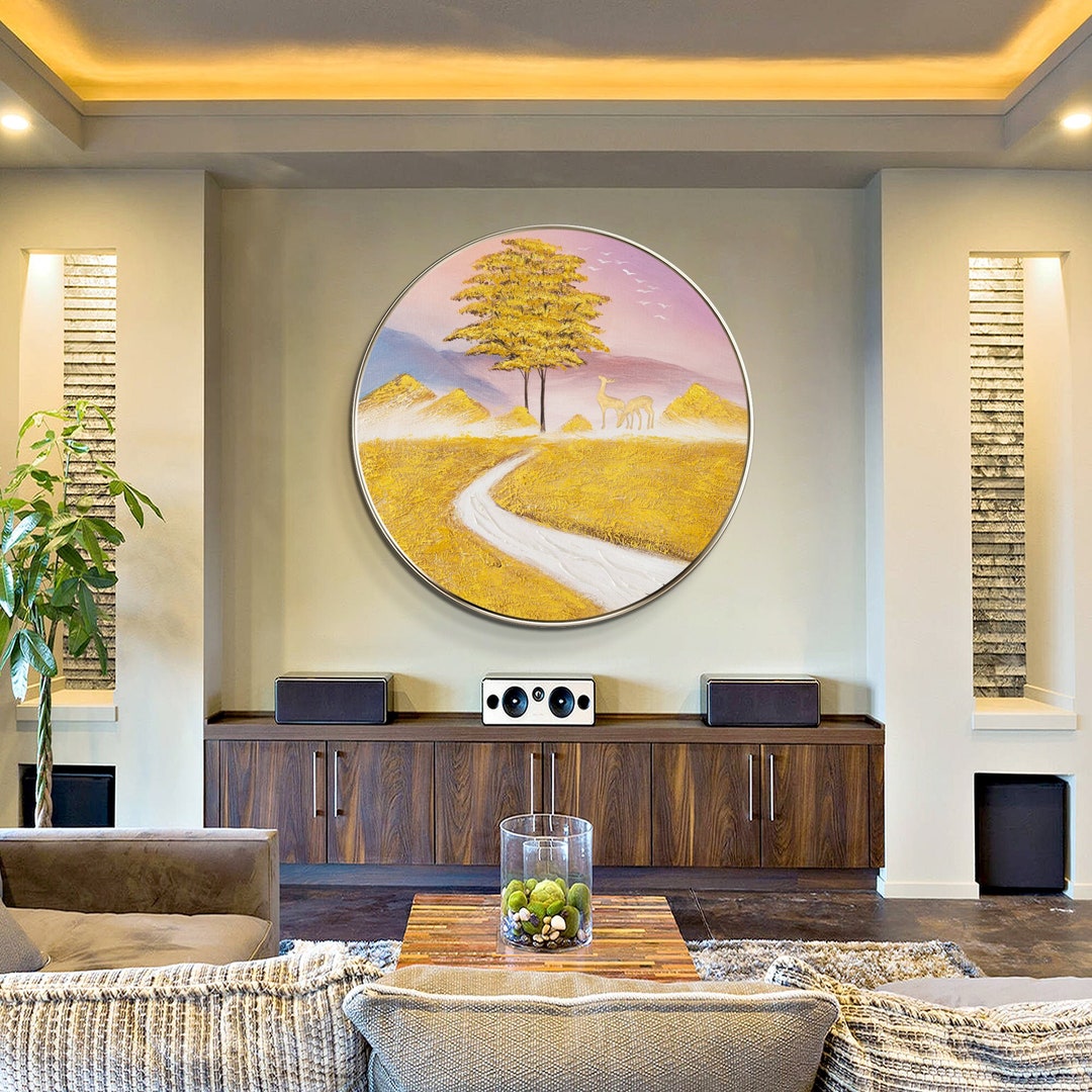 Gold Mountain Trees 3D Texture Round Wall Art Framed Painting on Canvas