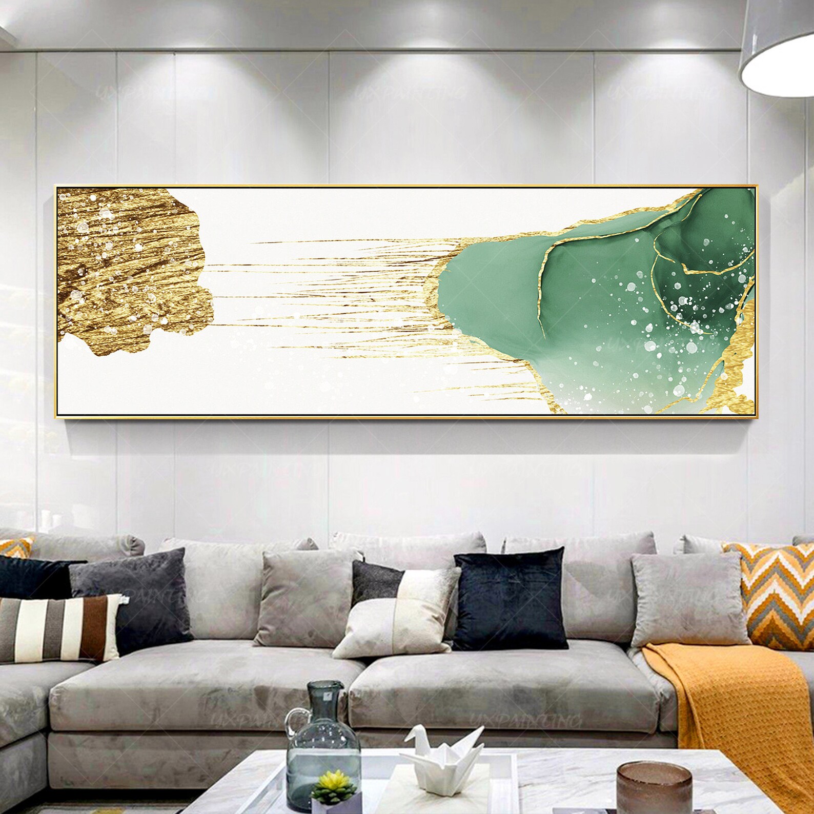 Gold Teal Art Large Wall Art Abstract Yxpainting Printable Etsy