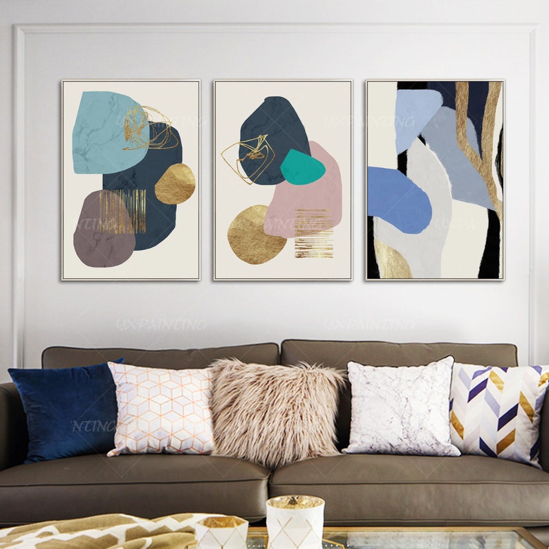 Set of 3 wall art framed painting geometric art teal blue Etsy