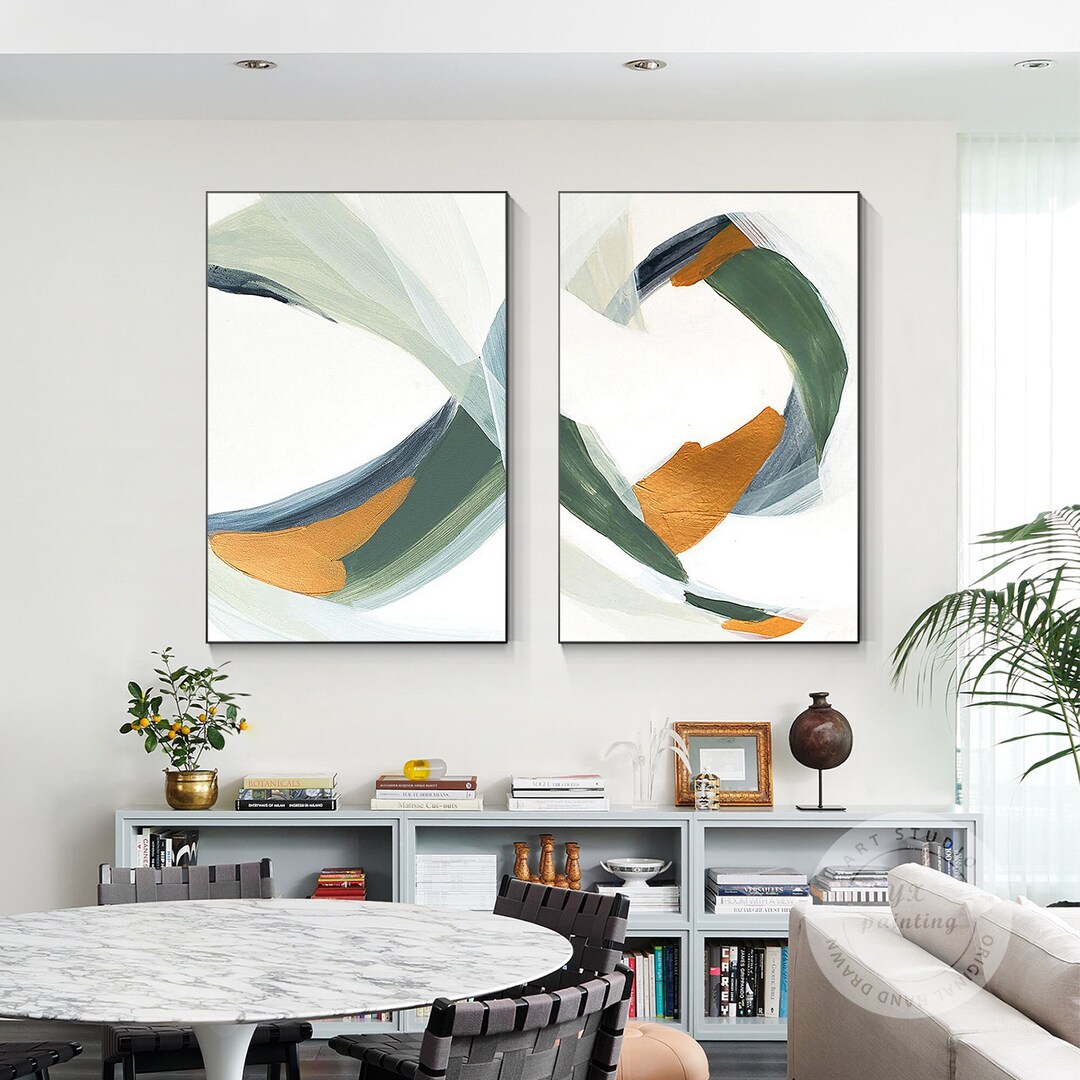 Sage Green Gold Minimalist Painting on Canvas Set of 2 Pieces Sage Green Painting Extra Large
