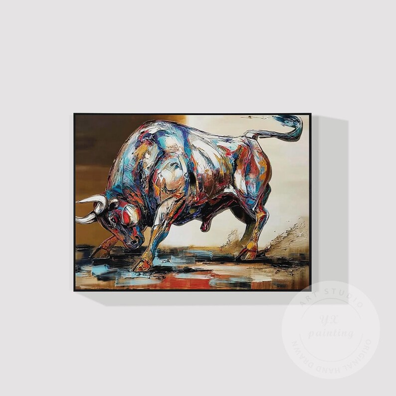 Large Abstract Bull Wall Art, Colorful Expressionist Animal Painting ...
