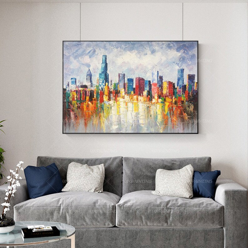 Chicago painting Framed wall art Skyline Original oil Painting Etsy