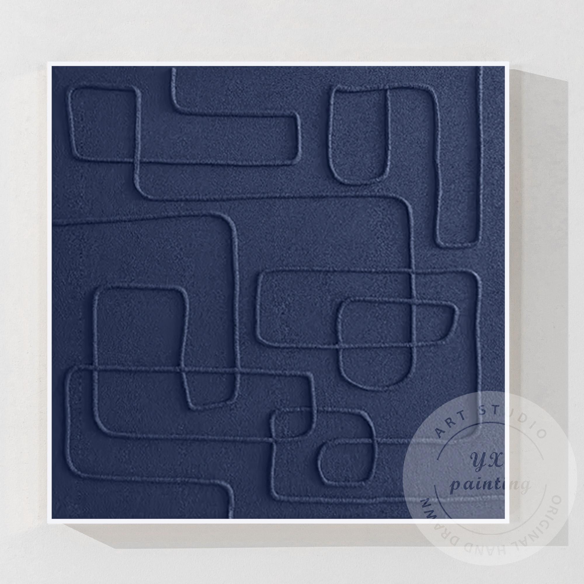 Original Navy Blue Abstract Canvas Art, Square 3D Textured Painting ...