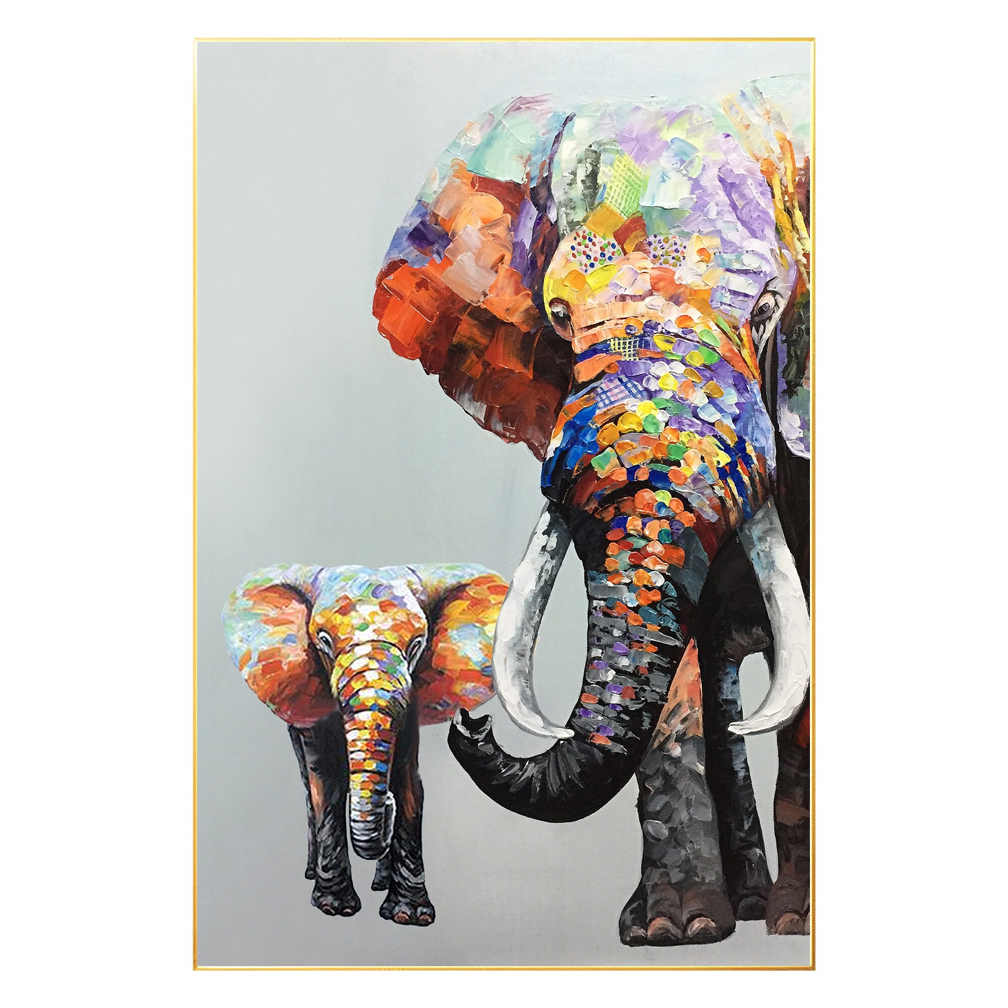 キャンバスに描かれた象の絵画（オリジナル絵画）、象の家族と象の