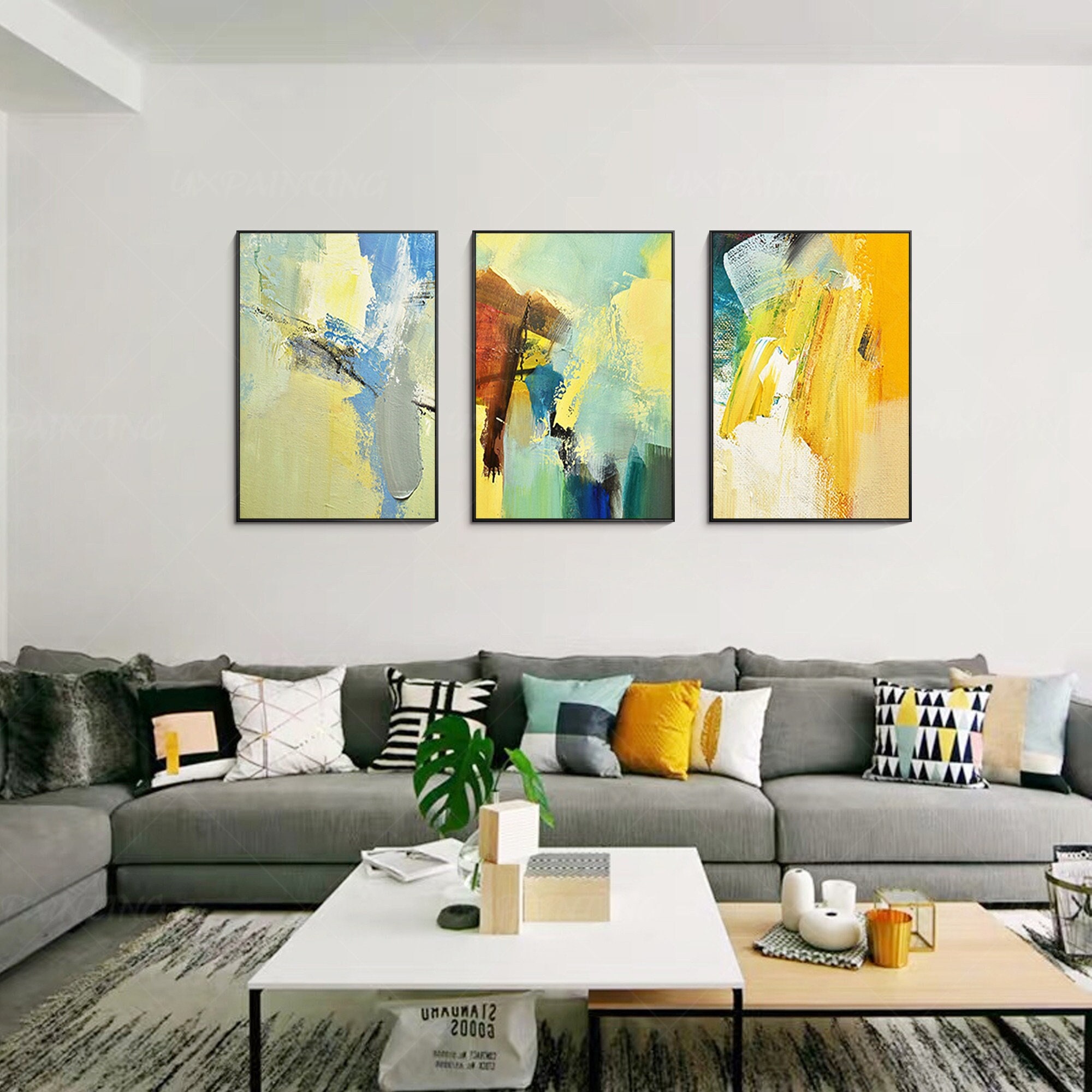 3 Pieces Yellow Green Abstract Original Painting on Canvas