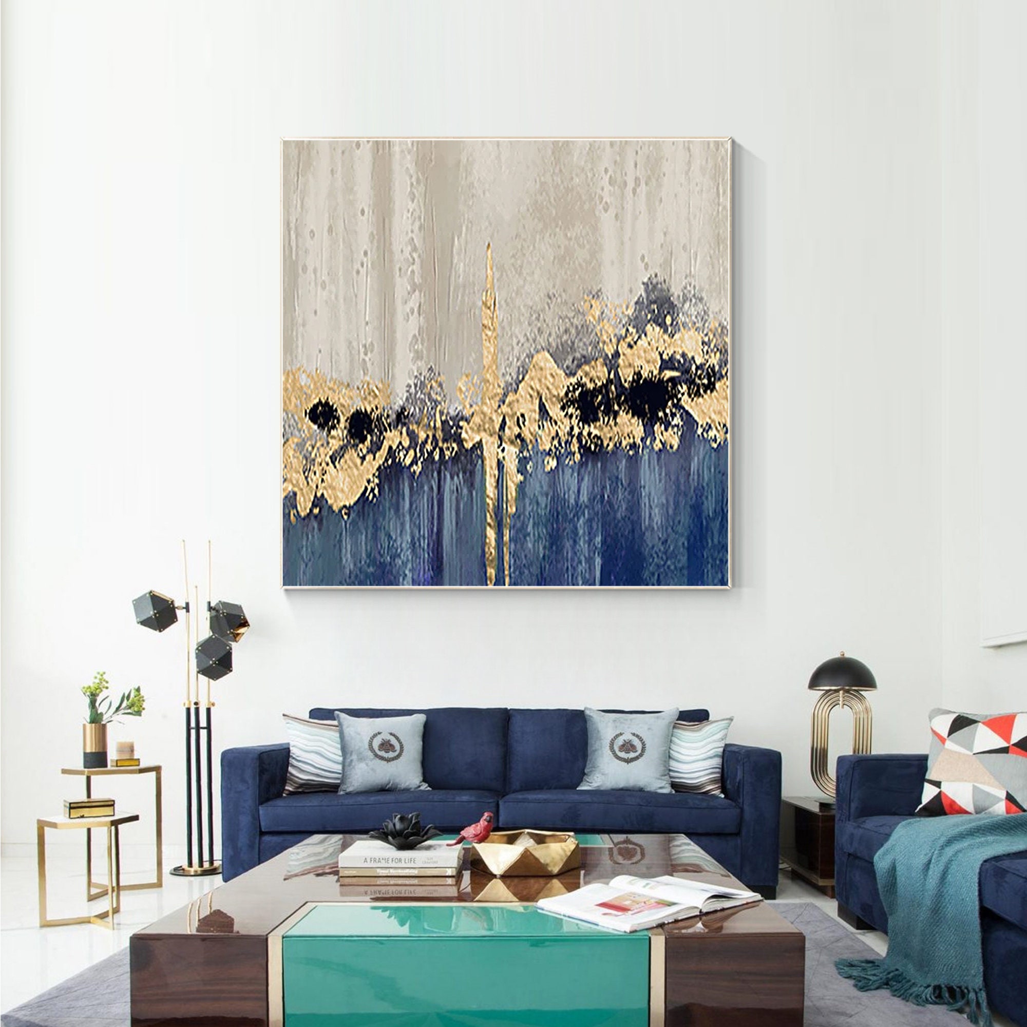 Blue Gold Foil Abstract Painting: Textured Square Canvas Wall Art - Etsy