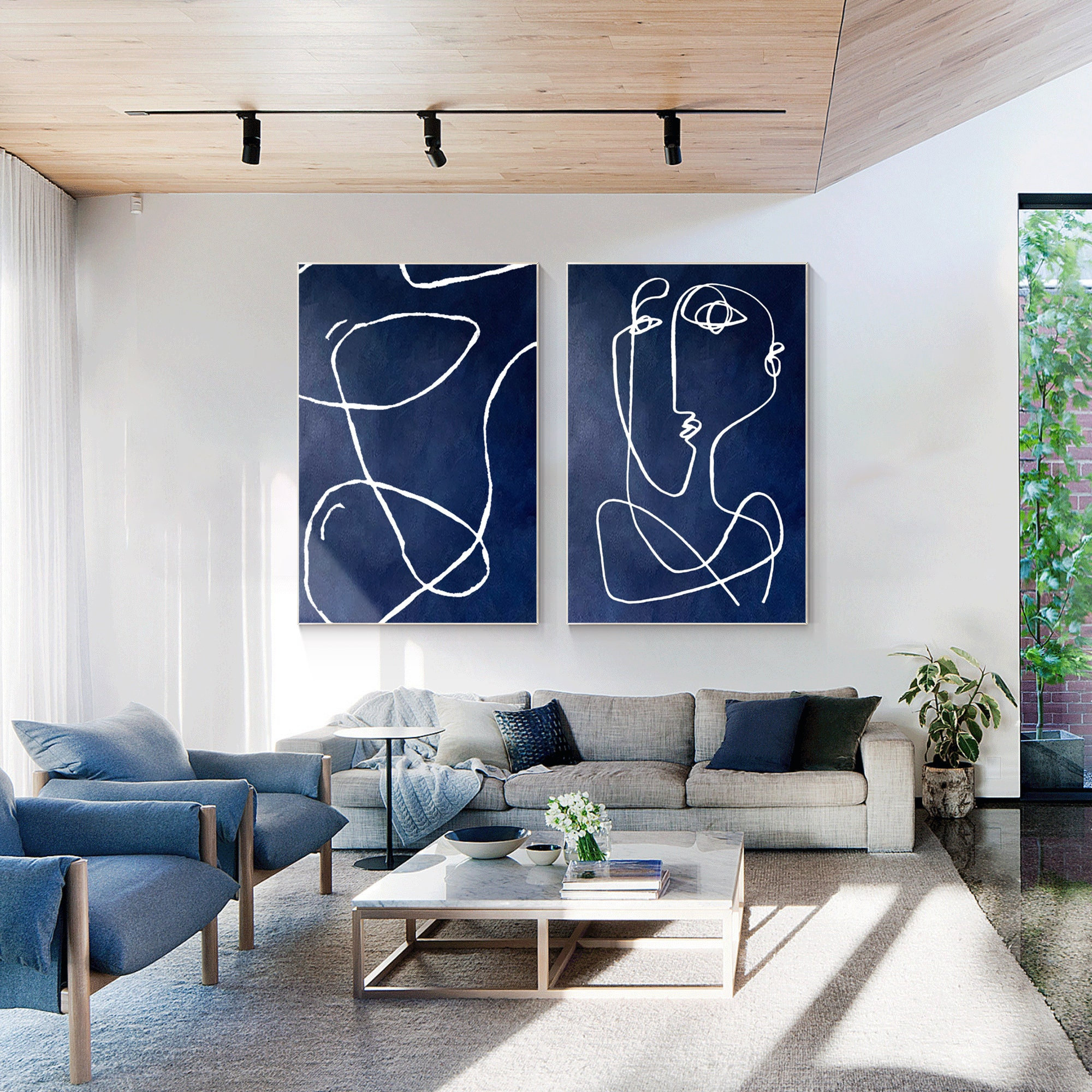 Dessin au trait abstrait bleu marine blanc, peinture de Picasso 2 pièces, peinture sur toile, lot de 2 pièces d'art mural abstrait bleu royal, décoration d'intérieur
