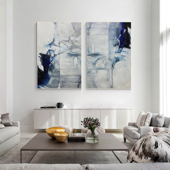 2 Pieces Navy Blue Grey Abstract Painting on Canvas, Set of 2 Vertical Wall  Art Navy Blue Painting, Livingroom Bedroom Extra Large Art Decor 