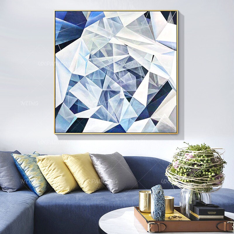Geometric art Abstract Painting On Canvas art blue and white Etsy