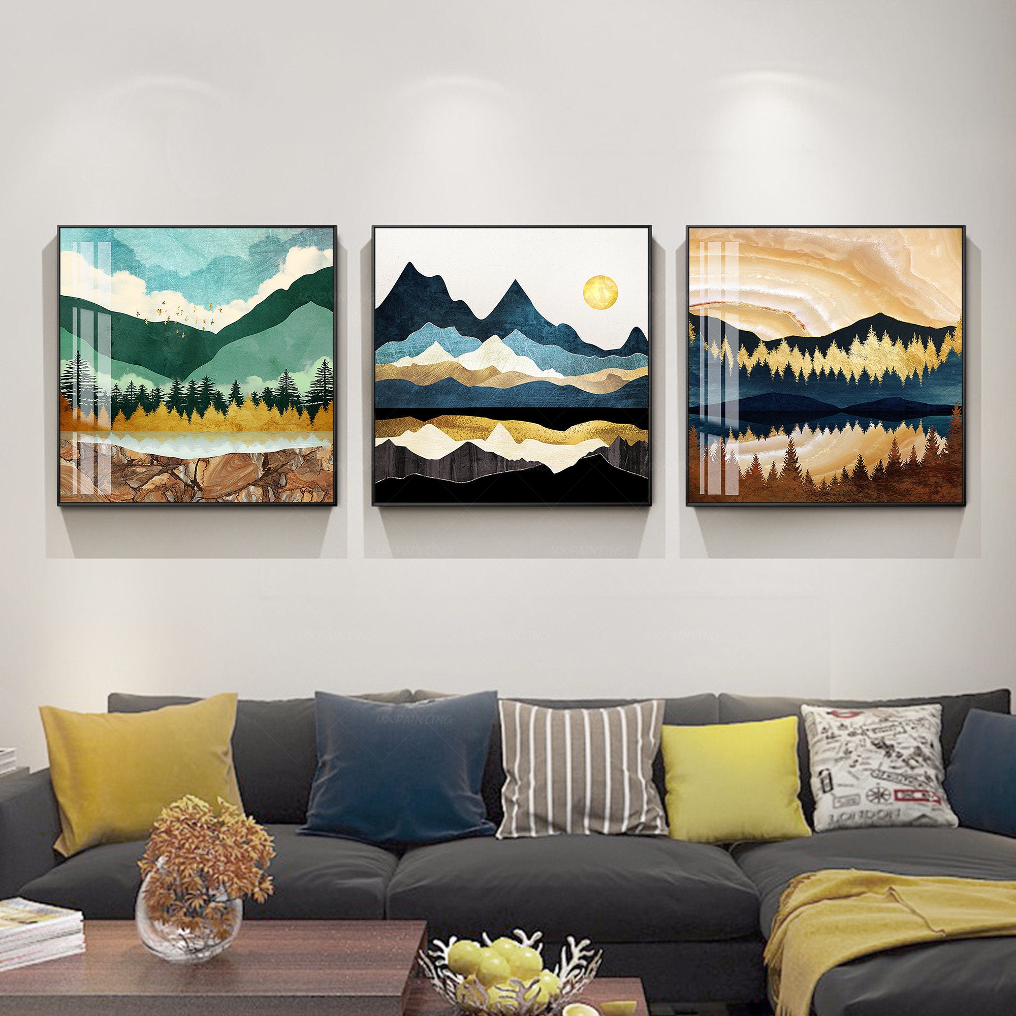 Framed Wall Art gold art Set of 3 wall art Print cloudy art Etsy