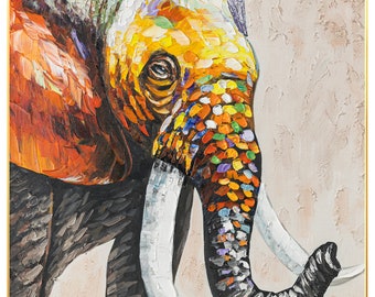 カラフルな象の絵画：キャンバスに描かれたオリジナルのテクスチャ
