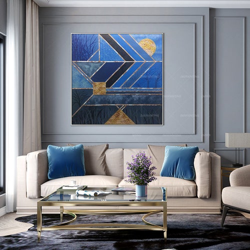 Shops Geometric art Acrylic Painting On Canvas original art Extra Large Floral blue Wall art Dinning Room wall Pictures Decor cuadros abstractos