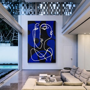 hand-painted Blue minimalist Picasso line painting on canvas. Extra-large wall decor, original one-line design