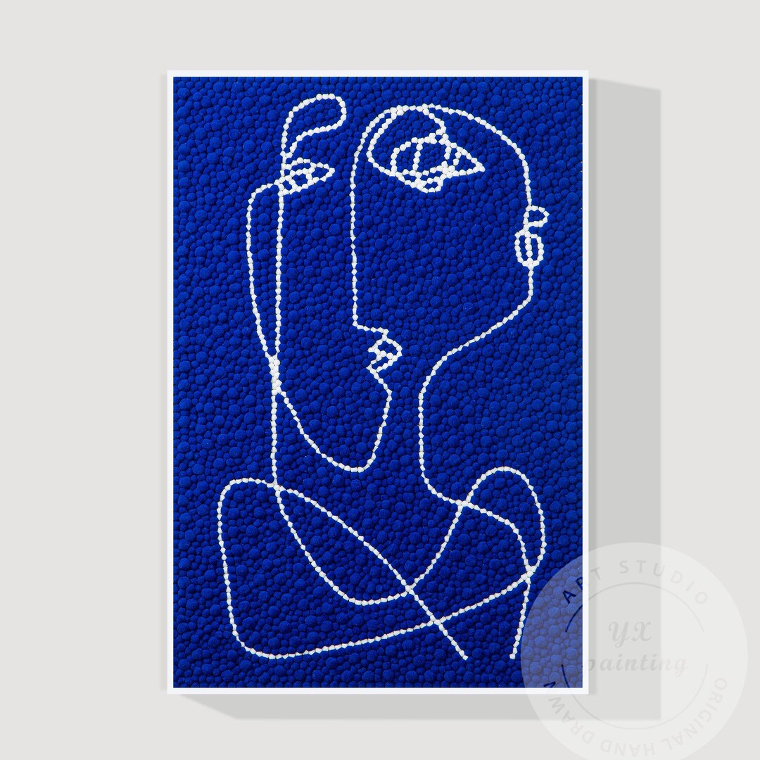 Hand Tufted Abstract Fiber Art, Large Vertical Blue Picasso Line Art ...