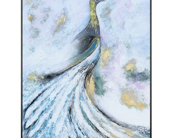 【原画　孔雀　動物画　絵画　アクリル画　現代アート　細密画　手描き　一点物】 孔雀の金の装飾画抽象現代アート動物アクリル画額入り壁アート