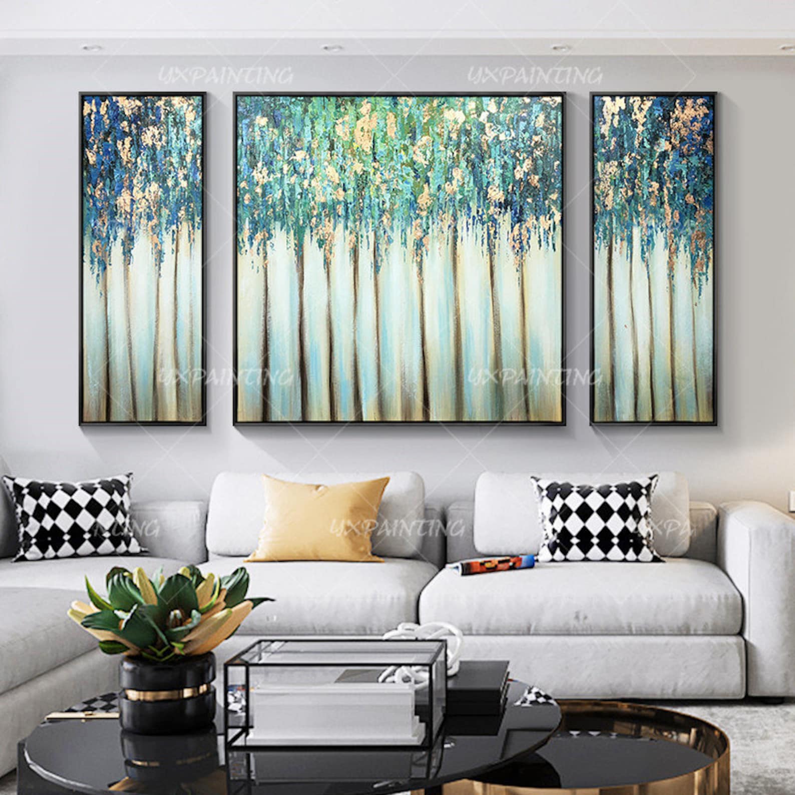 3 Pieces Wall Art Framed Painting Gold Leaf Acrylic Landscape Paintings ...