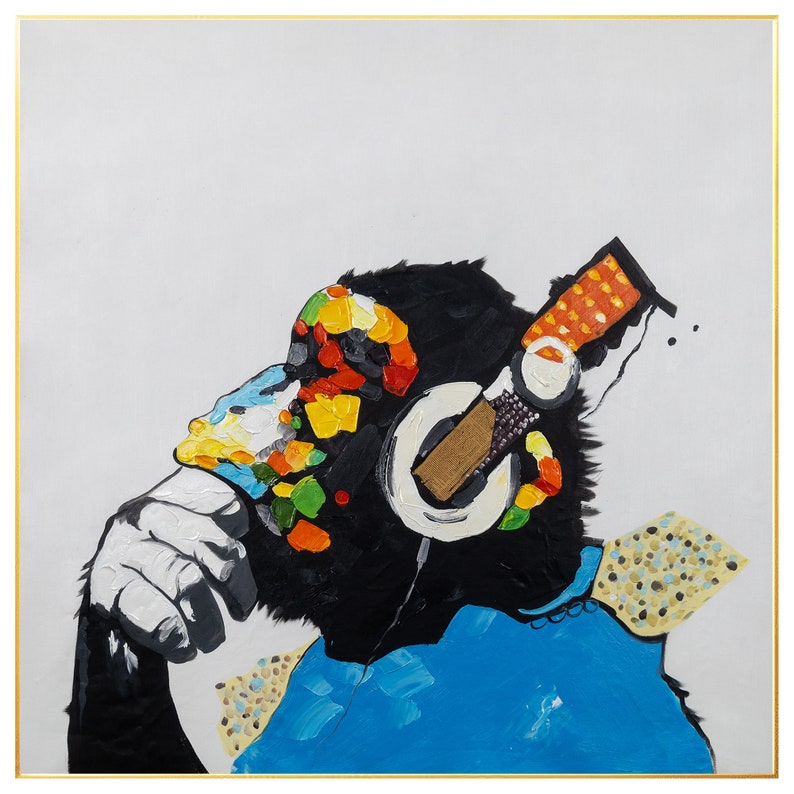 May include: A colorful abstract painting of a monkey wearing headphones. The monkey is painted in shades of black, white, and brown, with a colorful pattern on its head. The headphones are large and round, with a white band and a black cord. The background is a light gray.