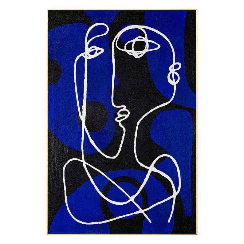 Dessin au trait Picasso une ligne original bleu minimaliste peinture sur toile, très grande taille art mural maison bleu minimaliste texturé Art déco Gold Frame