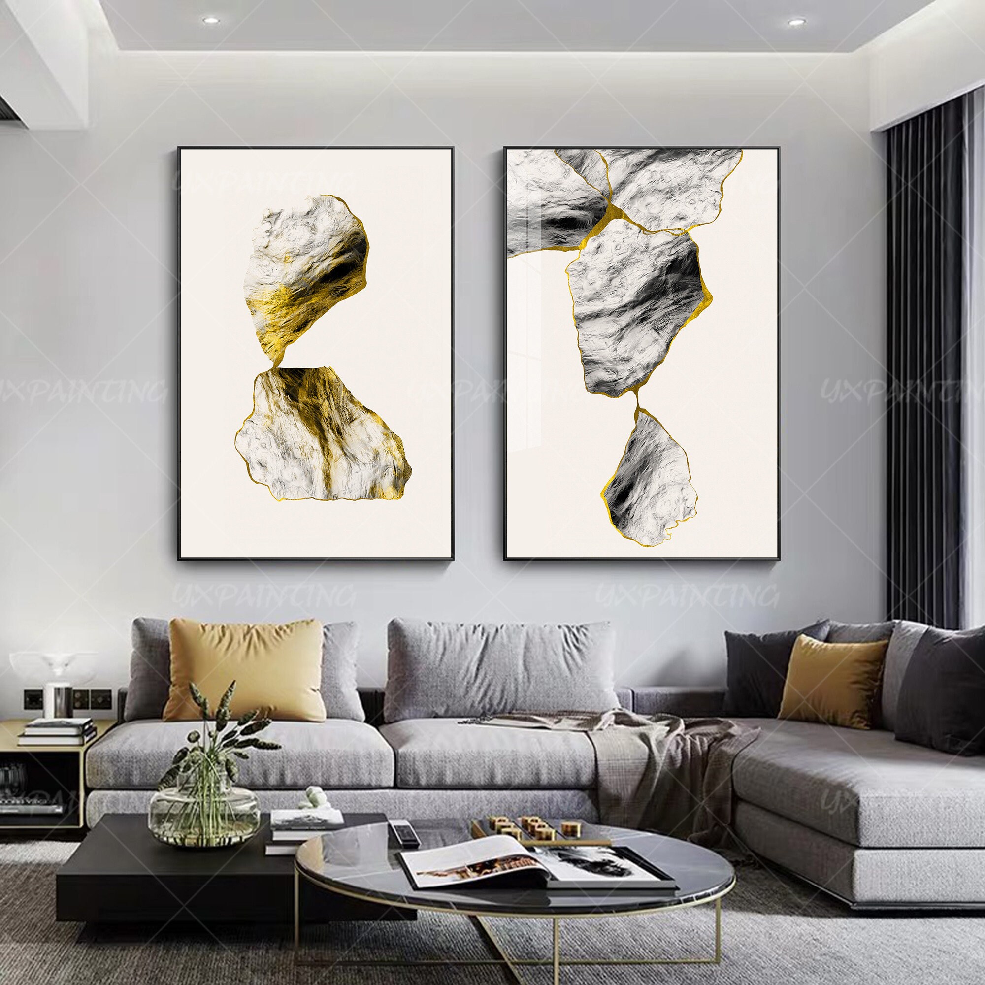 Set of 2 wall art Gold grey geometric print On Canvas Abstract Etsy
