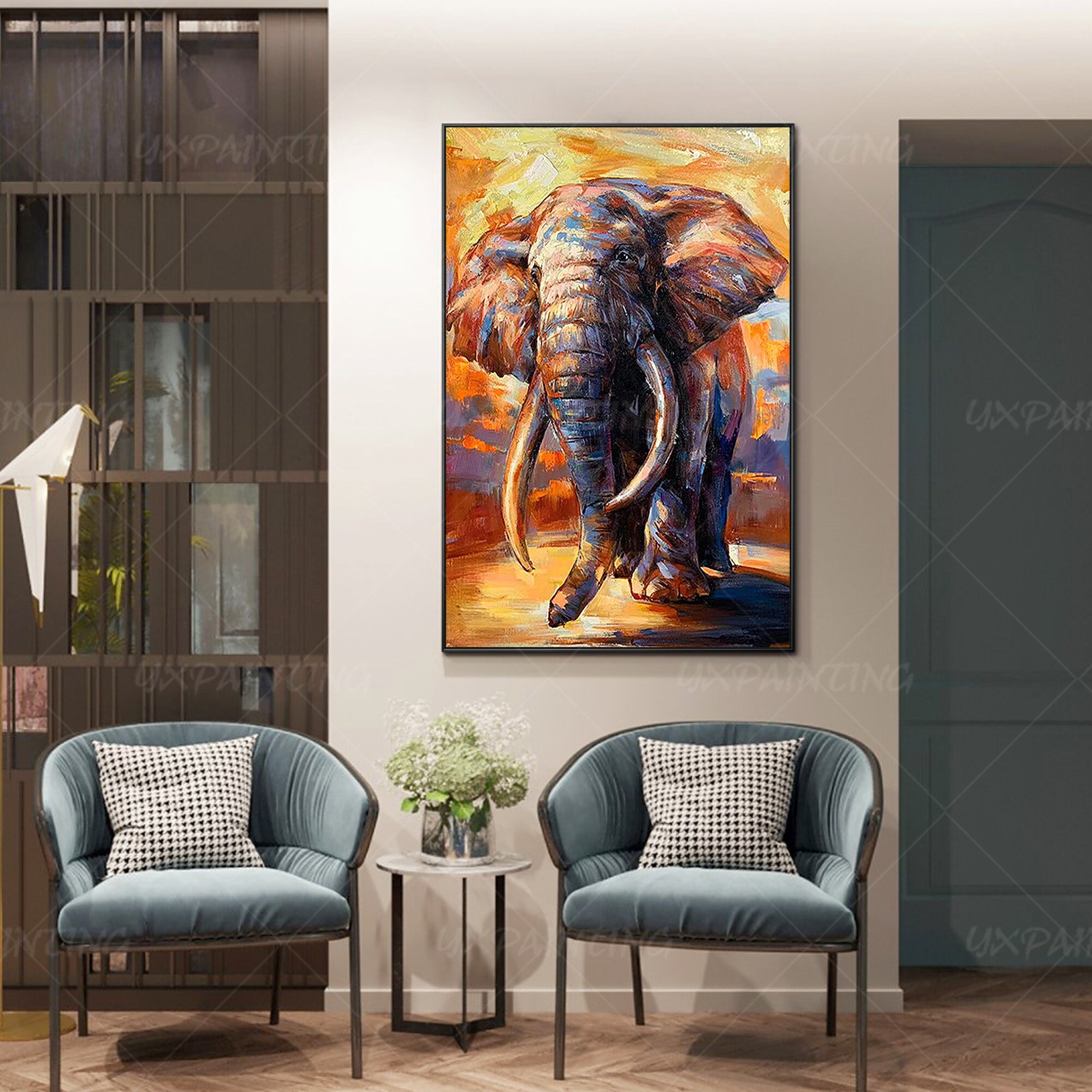 Elephant decor palette knife framed Wall art Animal art orange | Etsy