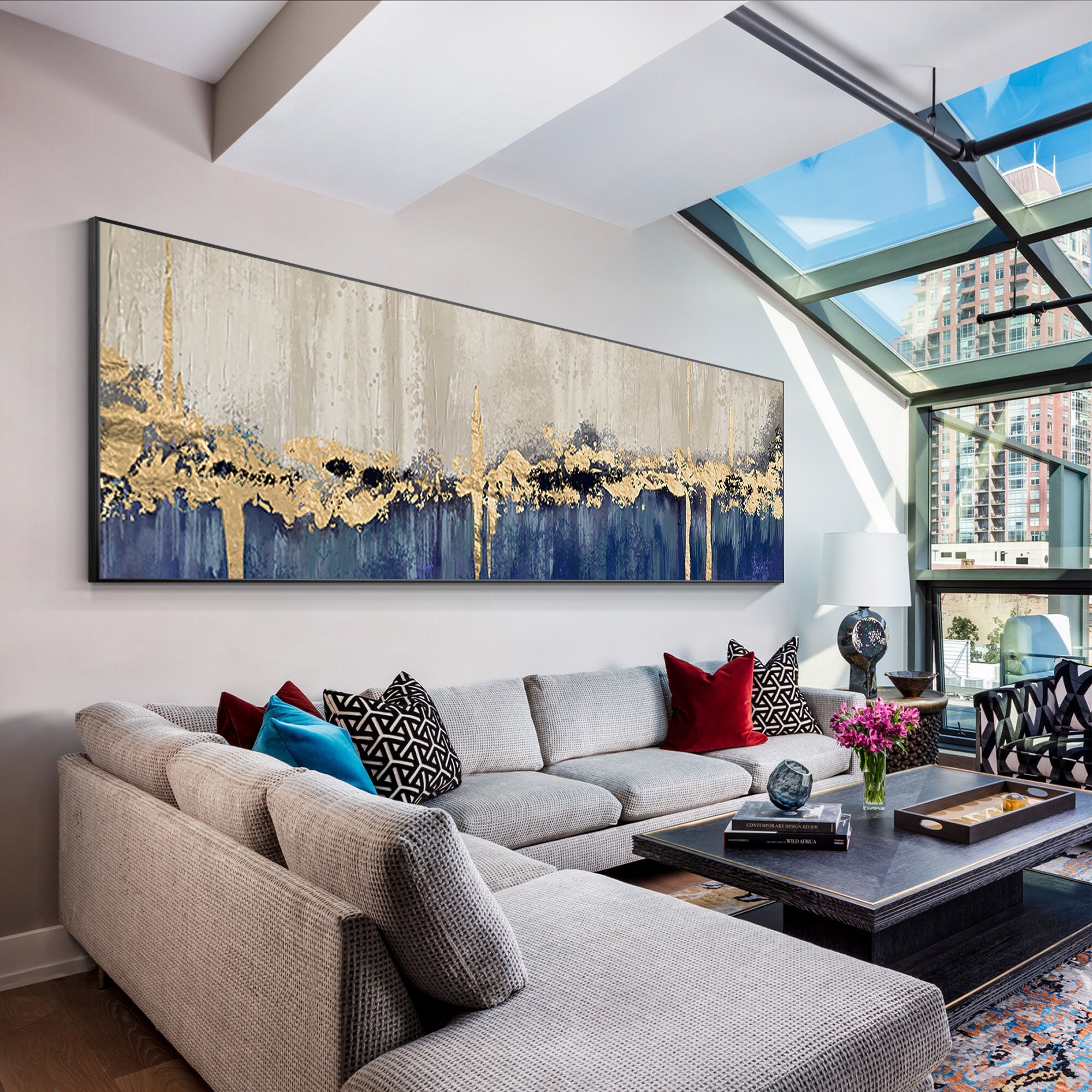 絵画 flk023727 Gold Leaf Navy Blue Abstract Landscape Painting: Oversized Wall