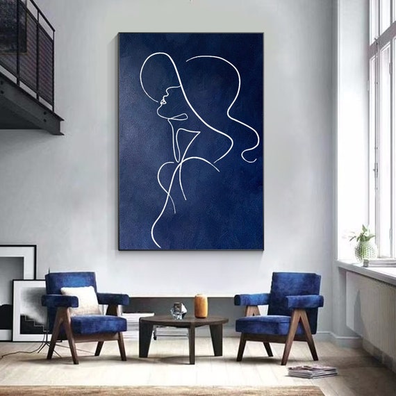 Navy Blue Woman Stick Figure Original Painting on Canvas 