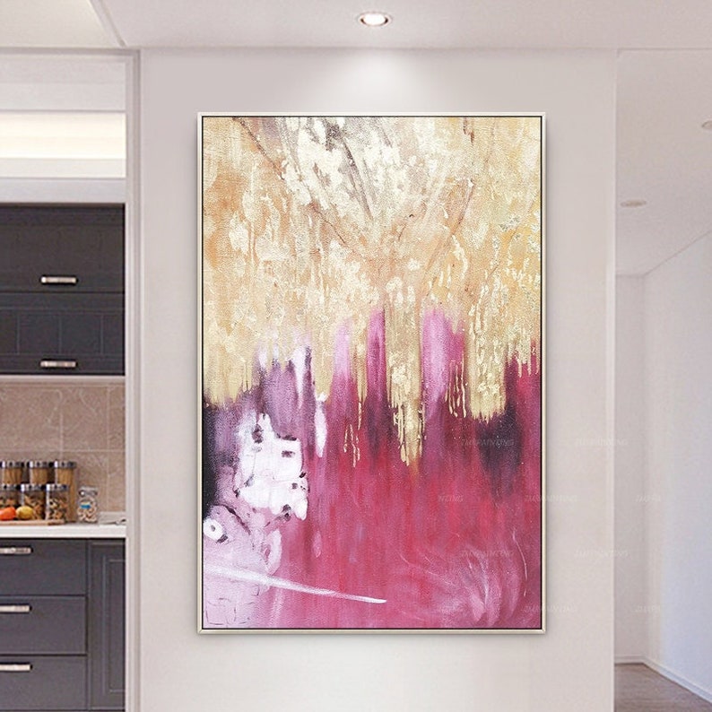 Gold Foil Pink Abstract Painting on Canvas, Luxury Gold Wall Art Decor ...