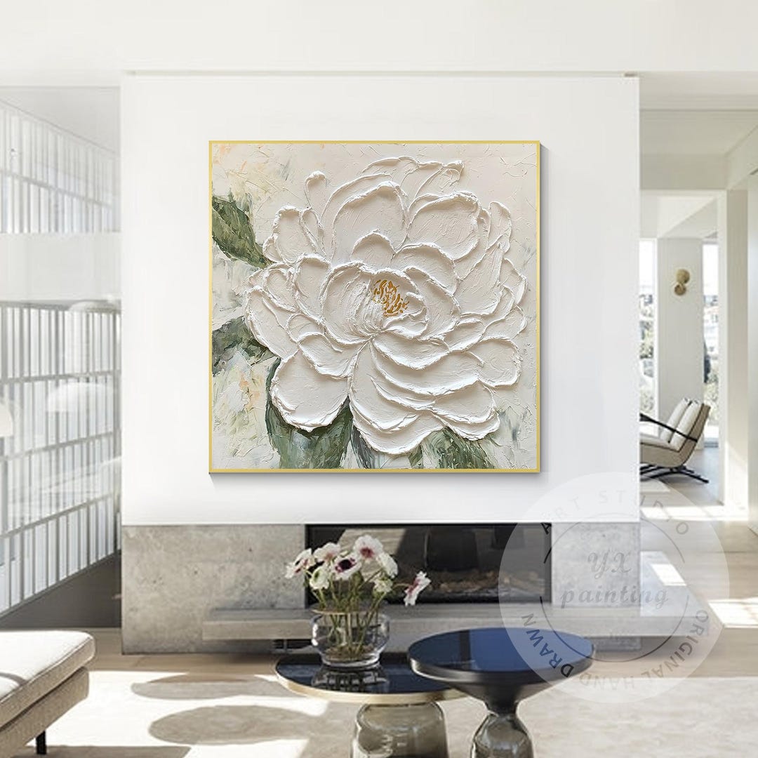Textured White Flower Painting, 3D Floral Palette Knife Canvas Wall Art ...