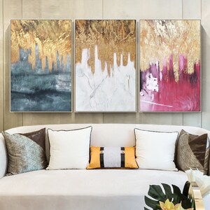 3 Pieces Original Abstract Gold Leaf Waterfall Acrylic Painting on ...