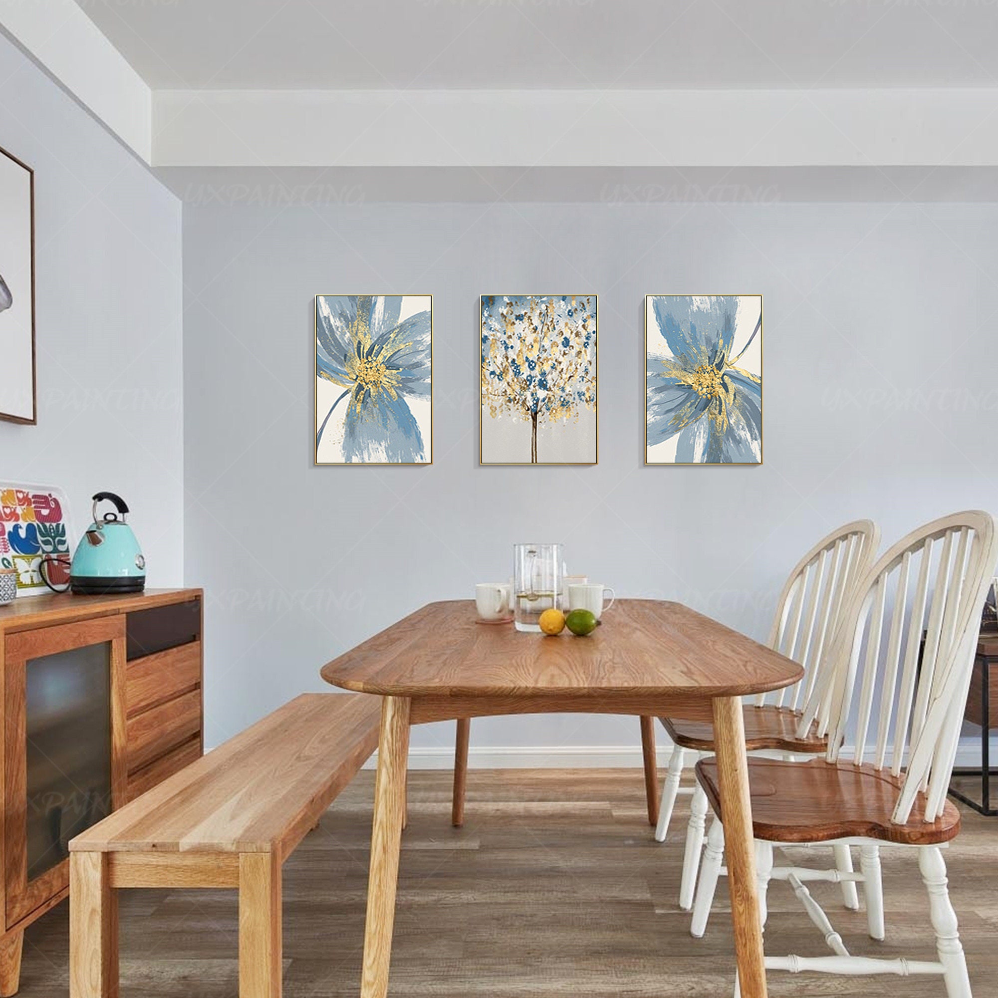 Framed painting Gold and blue art 3 pieces wall art Abstract | Etsy