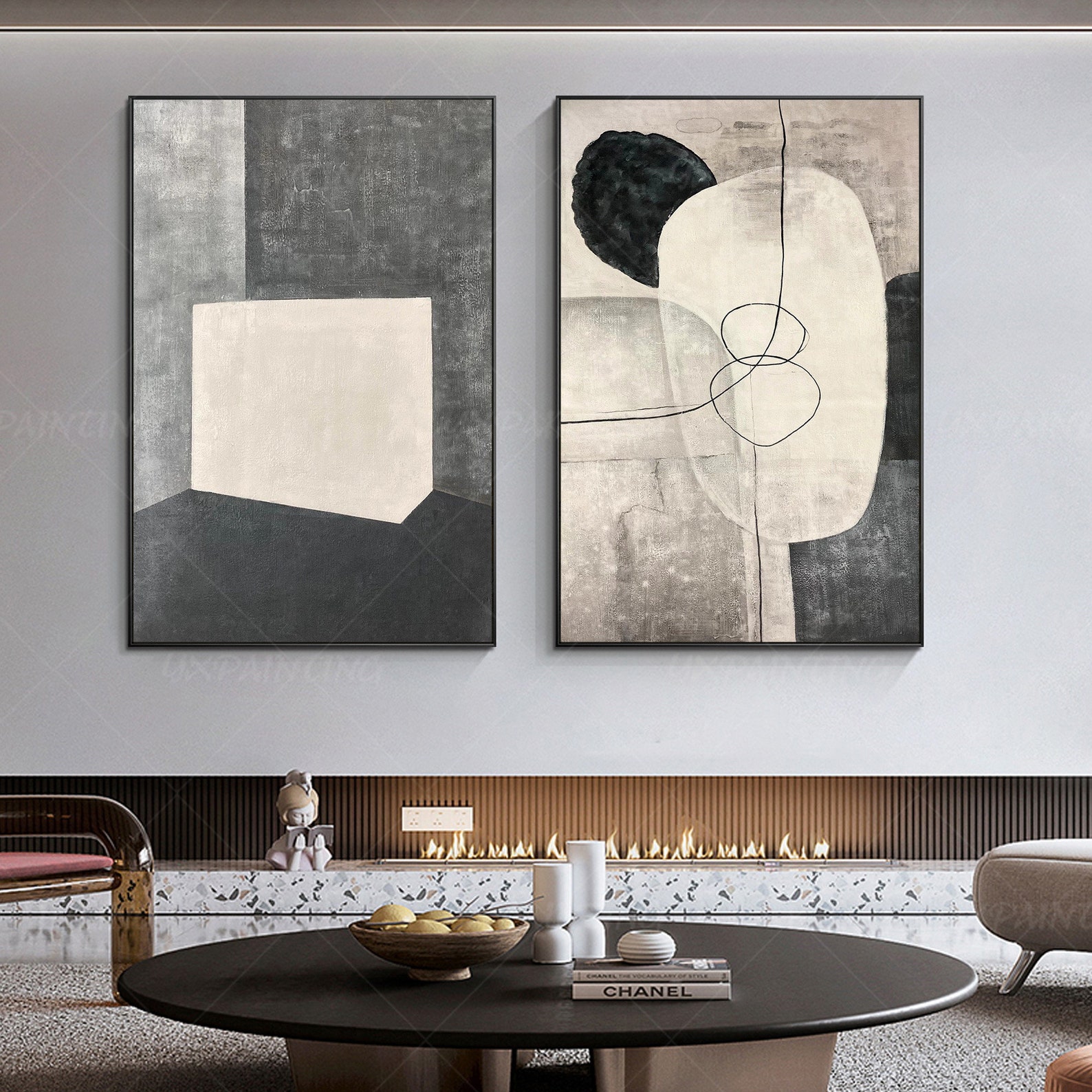 Set of 2 Wall Art Framed Painting Beige Grey Painting 2 Pieces Etsy
