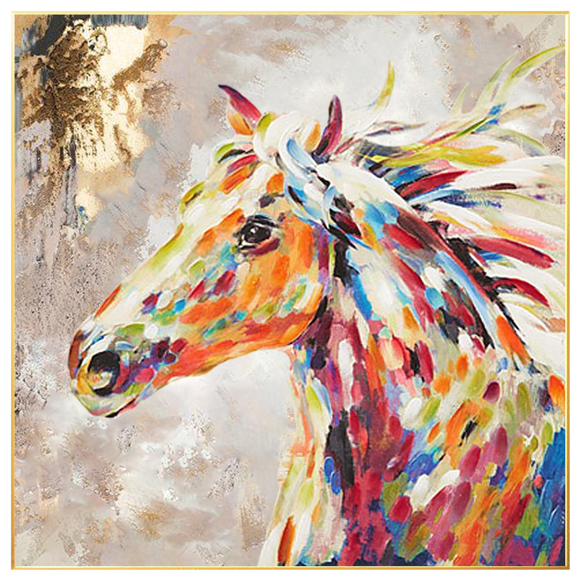 カラフルな馬の絵：質感のある額入りキャンバスウォールアート - Etsy 日本