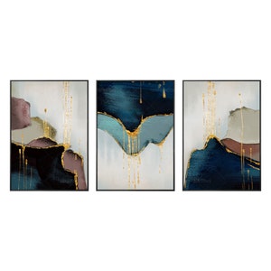 Set of 3 Pieces, Framed Wall Art, Abstract Painting, Gold Leaf Blue ...
