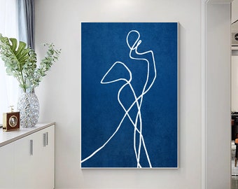 Bonhomme allumette danseur bleu peinture originale sur toile, très grand énorme art mural vertical encadré salon chambre décoration d'intérieur minimaliste